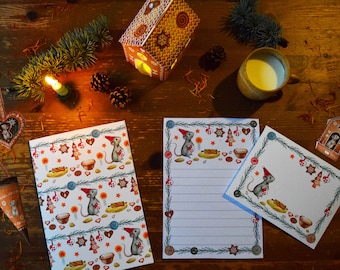 Christmas Mouse writing set with envelope, writing paper, notebook cover, gingerbread house lantern and Christmas decoration