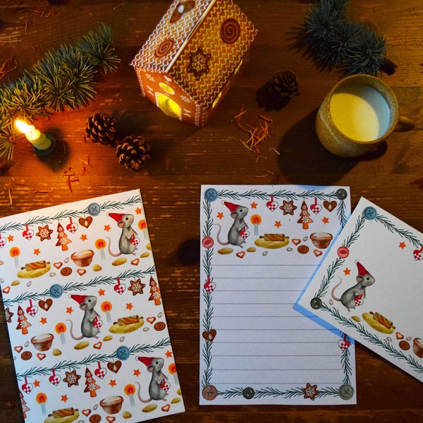 Coffret d'écriture Souris de Noël avec enveloppe, papier à lettres, couverture de carnet, lanterne maison en pain d'épices et décoration de Noël