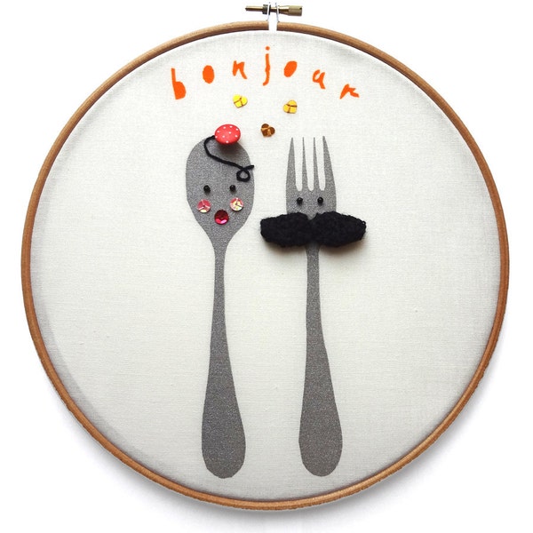 Cute Screen printed round frame embroidery hoop Monsieur Moustache Fork and Madame Spoon