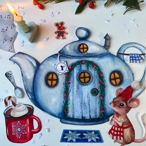 May include: A blue teapot with a door and windows, decorated with a green garland and a red and white checkered cloth. A small mouse wearing a red hat and a red and white skirt stands next to the teapot. A red mug with a snowflake design and a white swirl on top sits on a white surface with white confetti.