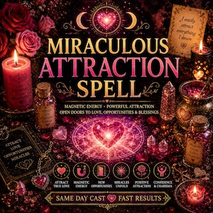 Könnte beinhalten: Eine digitale Grafik mit dem Text Miraculous Attraction Spell und einem leuchtenden Herz in der Mitte, umgeben von rosa Rosen, Kerzen, Kristallgläsern und kleinen Symbolen für Liebe, magnetische Energie und Möglichkeiten auf dunklem Grund.