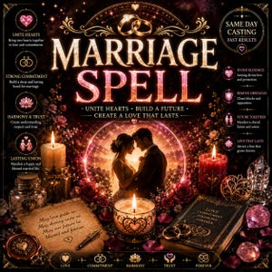 Può includere: Un grafico digitale intitolato MARRIAGE SPELL che mostra una coppia in un cerchio luminoso, circondato da candele, rose e cristalli. Il testo include UNITE HEARTS, STRONG COMMITMENT, HARMONY & TRUST, LASTING UNION, DIVINE BLESSINGS, REMOVE OBSTACLES, FUTURE TOGETHER e LOVE THAT LASTS.