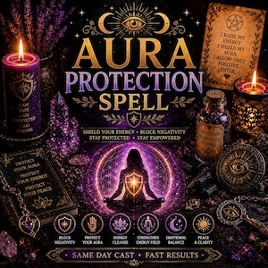 Könnte beinhalten: Eine violette Kerze mit Schildsymbol und Text, eine Glasflasche mit Etikett, ein Buch mit goldenem Text und die Silhouette einer meditierenden Person in einem leuchtenden Kreis. Das Bild enthält den Text AURA PROTECTION SPELL und Symbole.