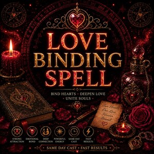 May include: A dark red and gold graphic featuring the text LOVE BINDING SPELL, BIND HEARTS, DEEPEN LOVE, UNITE SOULS, and Two Hearts, One Love, Forever Bound. Includes a candle, a book, a glass bottle, a rose, and icons for attraction and energy.