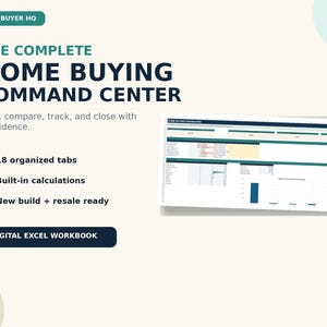Può includere: Una cartella di lavoro Excel digitale intitolata The Complete Home Buying Command Center di Homebuyer HQ. L'interfaccia presenta 18 schede organizzate, calcoli integrati ed è progettata per nuove costruzioni e rivendite.