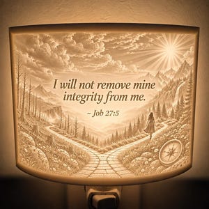 Può includere: Una luce notturna da inserire nella presa con una scena paesaggistica illuminata in modo caldo, che mostra un sentiero in pietra, una persona che cammina, montagne e una bussola. Il testo recita: I will not remove mine integrity from me. ~ Job 27:5.