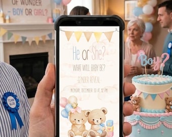 Teddy Bear Gender Reveal Invitation, Editable Canva Template (A5 Print & Story)