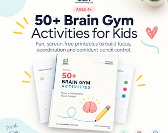 May include: A printable workbook titled 50+ Brain Gym Activities for Kids, designed for ages 4+. The cover features a pink brain illustration, a yellow pencil, and text detailing focus, coordination, and pencil control. Includes additional activity pages.