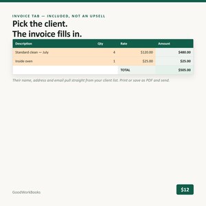 K&ouml;nnte beinhalten: Eine digitale Rechnungsvorlage mit einer dunkelgr&uuml;nen Kopfzeile und Spalten f&uuml;r Beschreibung, Menge, Preis und Betrag. Der Text lautet: Invoice tab - included, not an upsell. Pick the client. The invoice fills in. Gesamtbetrag 505,00 $.