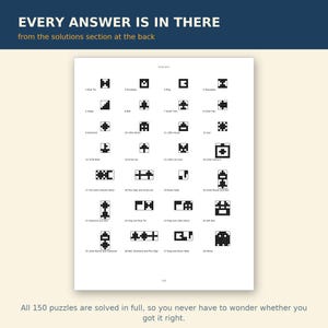 以下が含まれることがあります： Solutionsというタイトルのパズルブックの白いページ。28個の白黒のピクセル化されたアイコンがグリッド状に配置されています。各アイコンには、Bow Tie、Envelope、Mug、Hourglass、Ghostなどの番号と名前が付けられています。