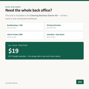 K&ouml;nnte beinhalten: Eine digitale Arbeitsbuch-Werbung mit dem Titel Need the whole back office? f&uuml;r ein Reinigungsunternehmen-Starterkit mit vier Tools: Bookkeeping + P&L, Pricing Calculator, Client Tracker CRM und Schedule + Day Sheet, zum Gesamtpreis von 19 $.