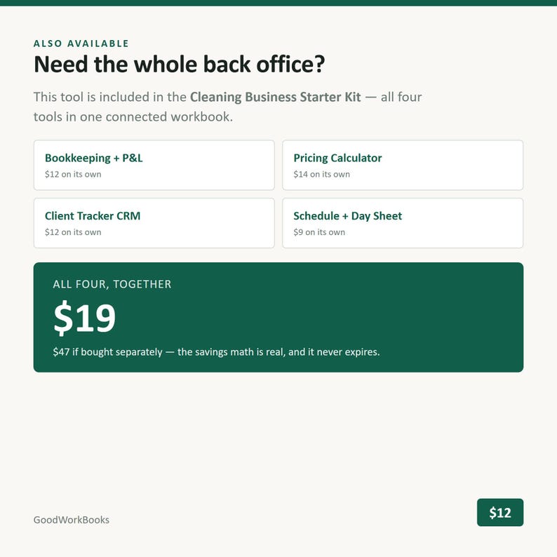 K&ouml;nnte beinhalten: Eine digitale Arbeitsbuch-Werbung mit dem Titel Need the whole back office? f&uuml;r ein Reinigungsunternehmen-Starterkit mit vier Tools: Bookkeeping + P&L, Pricing Calculator, Client Tracker CRM und Schedule + Day Sheet, zum Gesamtpreis von 19 $.