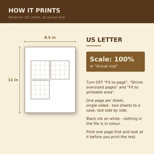Op de afbeelding: Een digitale instructieafbeelding voor US Letter-papier van 21,59 cm bij 27,94 cm. Het toont een witte pagina met drie rastervierkanten, de tekst Scale: 100% of Actual size en instructies om de instellingen voor pagina-aanpassing uit te schakelen.