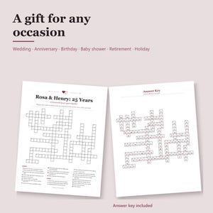 May include: A personalized crossword puzzle game for a 25th anniversary, featuring the title Rosa & Henry: 25 Years, a grid of clues, and a separate answer key page. The text includes A gift for any occasion and lists various event types.