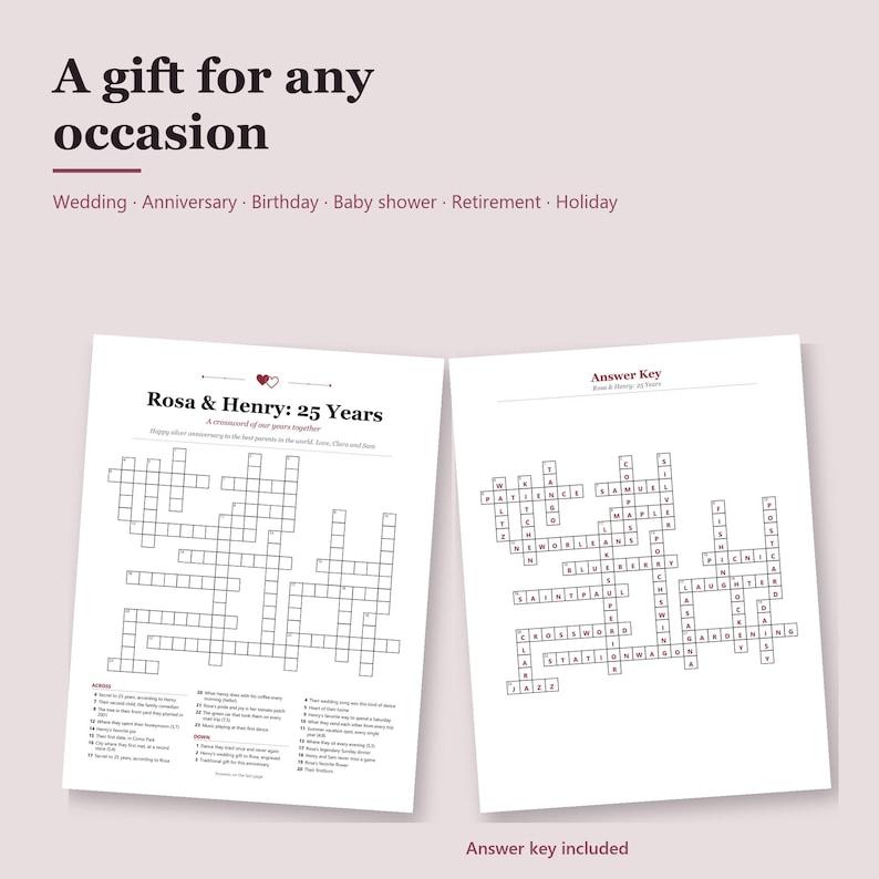 May include: A personalized crossword puzzle game for a 25th anniversary, featuring the title Rosa & Henry: 25 Years, a grid of clues, and a separate answer key page. The text includes A gift for any occasion and lists various event types.