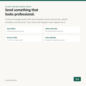 K&ouml;nnte beinhalten: Eine digitale Dokumentvorlage mit dem Titel Client-Facing Quote Sheet. Sie enth&auml;lt den Text Send something that looks professional, gefolgt von Funktionsbeschreibungen wie Auto-filled, Valid-until date, Prints to PDF und Fully editable.