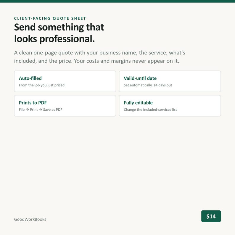 K&ouml;nnte beinhalten: Eine digitale Dokumentvorlage mit dem Titel Client-Facing Quote Sheet. Sie enth&auml;lt den Text Send something that looks professional, gefolgt von Funktionsbeschreibungen wie Auto-filled, Valid-until date, Prints to PDF und Fully editable.