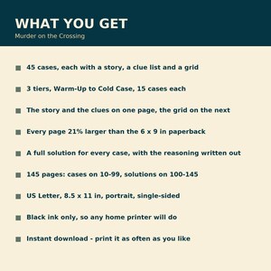 May include: A digital document titled Murder on the Crossing, featuring 45 cases across 3 tiers. It includes stories, clues, and grids on 145 pages. The format is US Letter 8.5 x 11 inches, portrait, single-sided, with black ink for home printing.