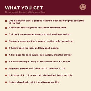 Pu&ograve; includere: Un documento informativo marrone e crema intitolato WHAT YOU GET The Armchair Detective Halloween Case. Elenca dieci punti che descrivono un set di 28 pagine di enigmi, inclusi sei enigmi unici, pagine di suggerimenti, soluzioni e formato 21,59 x 27,94 cm.