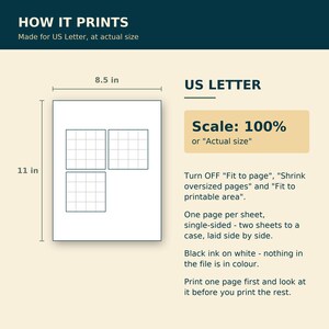 May include: An instructional graphic titled HOW IT PRINTS for US Letter paper measuring 8.5 in by 11 in. It displays a diagram of three grid squares on a page, with text instructions to set the scale to 100% and turn off fit to page settings.