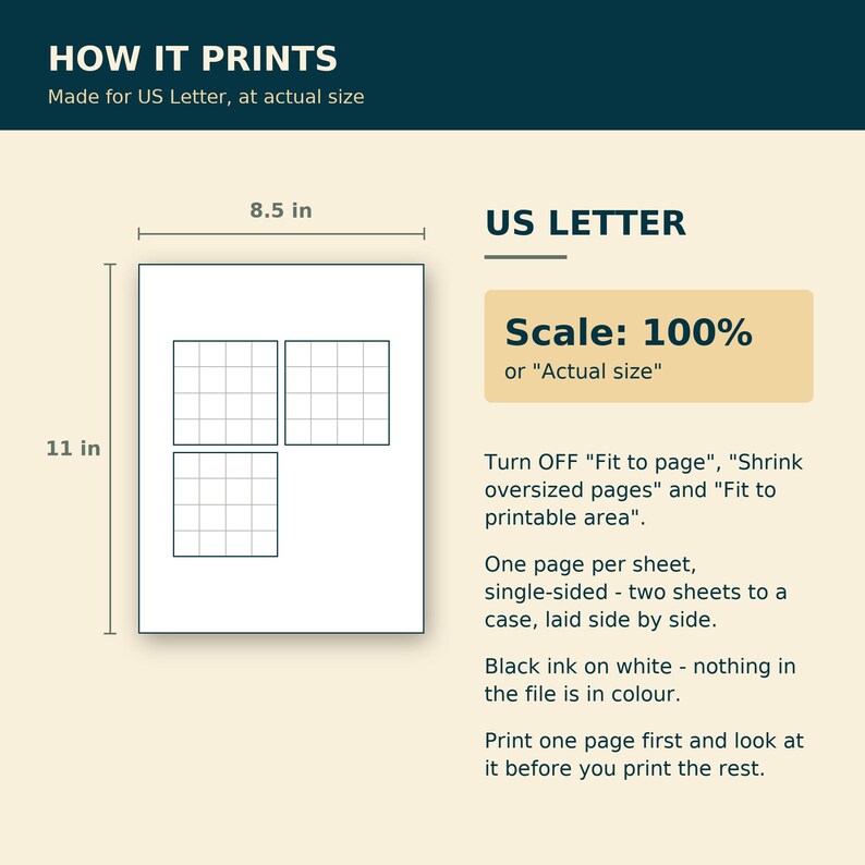 May include: An instructional graphic titled HOW IT PRINTS for US Letter paper measuring 8.5 in by 11 in. It displays a diagram of three grid squares on a page, with text instructions to set the scale to 100% and turn off fit to page settings.