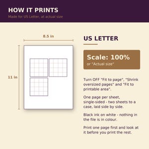 K&ouml;nnte beinhalten: Eine Anleitungsgrafik f&uuml;r US-Letter-Papier im Format 21,59 cm x 27,94 cm. Sie zeigt eine wei&szlig;e Seite mit drei Rasterquadraten, den Text 'HOW IT PRINTS', 'US LETTER', 'Scale: 100% or Actual size' sowie Anweisungen zum Drucken.