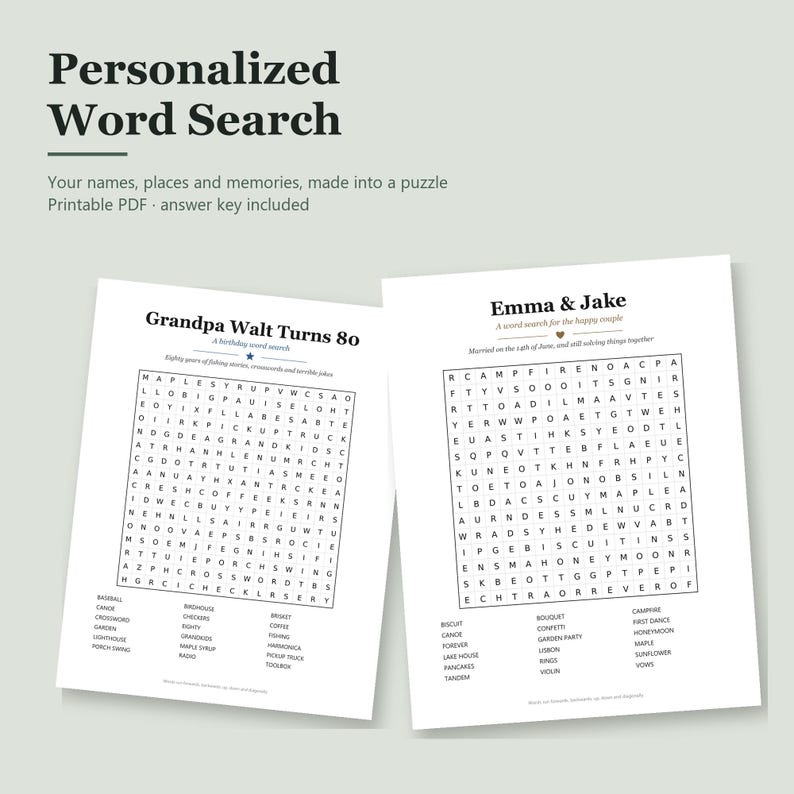 Op de afbeelding: Twee gepersonaliseerde woordzoekers op wit papier. Het linkerblad is getiteld Grandpa Walt Turns 80 en het rechterblad Emma & Jake. Elk blad bevat een raster met letters, een lijst met woorden om te zoeken en bijbehorende tekst.