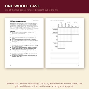 May include: Two white pages from a mystery game titled Case 16: The Case of the Muffin Dish. The left page contains a narrative and twelve clues. The right page features a logic grid for tracking suspects, rooms, items, and times, with lined notes.