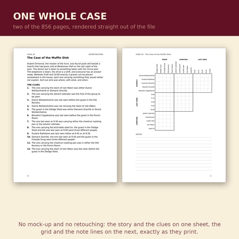 May include: Two white pages from a mystery game titled Case 16: The Case of the Muffin Dish. The left page contains a narrative and twelve clues. The right page features a logic grid for tracking suspects, rooms, items, and times, with lined notes.