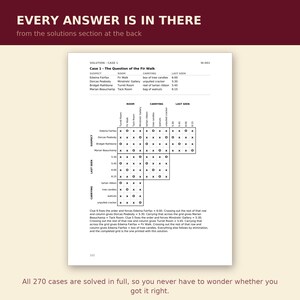 May include: A printed page titled Solution - Case 1, The Question of the Fir Walk, featuring a logic puzzle grid with suspects, rooms, items, and times. The text includes a table of clues and a detailed explanation of the solution process for the mystery.
