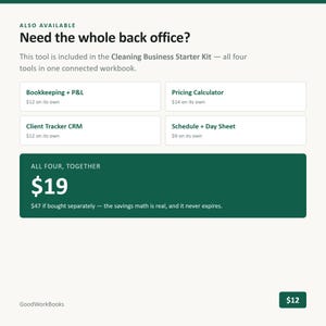 Op de afbeelding: Een digitale werkboekadvertentie getiteld Need the whole back office? met een Cleaning Business Starter Kit met vier tools: Bookkeeping + P&L, Pricing Calculator, Client Tracker CRM en Schedule + Day Sheet, geprijsd op $19 voor alle vier.