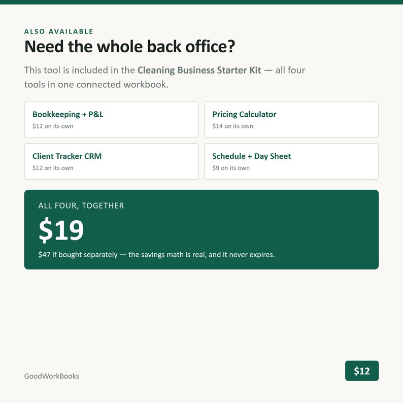 Op de afbeelding: Een digitale werkboekadvertentie getiteld Need the whole back office? met een Cleaning Business Starter Kit met vier tools: Bookkeeping + P&L, Pricing Calculator, Client Tracker CRM en Schedule + Day Sheet, geprijsd op $19 voor alle vier.