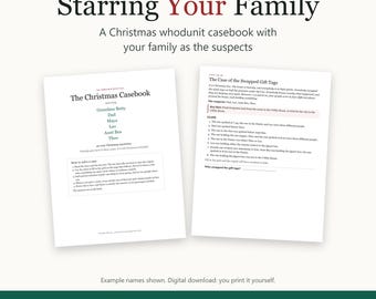 Personalized Christmas Mystery Puzzle Book, Your Family as the Suspects, Up to 40 Printable Logic Grid Whodunits, Cozy Family Activity