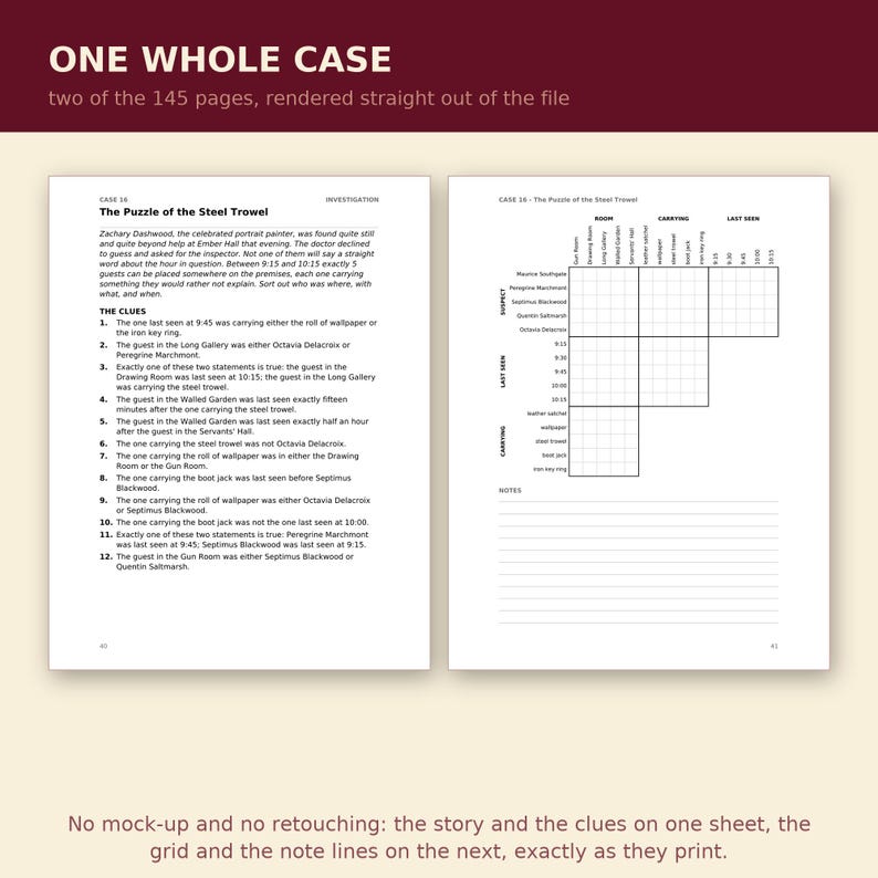 May include: Two pages of a printed mystery game case titled The Puzzle of the Steel Trowel. The left page contains a narrative introduction and twelve numbered clues. The right page features a logic grid for tracking suspects, items, and times.