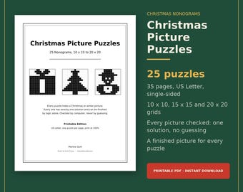 Christmas Nonogram Puzzles Printable PDF, 25 Picture Cross Logic Grids 10x10 to 20x20, Holiday Griddler Puzzle Pack, Instant Download