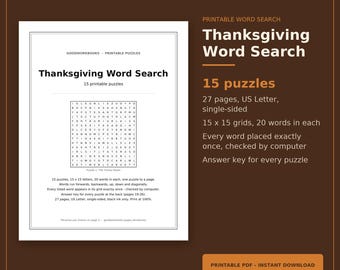 Thanksgiving Word Search Printable, 15 Puzzles with Answer Keys, Fall Activity for Kids and Adults, Classroom or Kids Table, Letter PDF