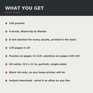 Puede incluir: Un documento digital titulado WHAT YOU GET Kakuro Puzzles, que enumera 150 acertijos en 6 niveles, soluciones en las p&aacute;ginas 120-129, 129 p&aacute;ginas en total, formato vertical de 21,59 x 27,94 cm, tinta negra y descarga instant&aacute;nea.