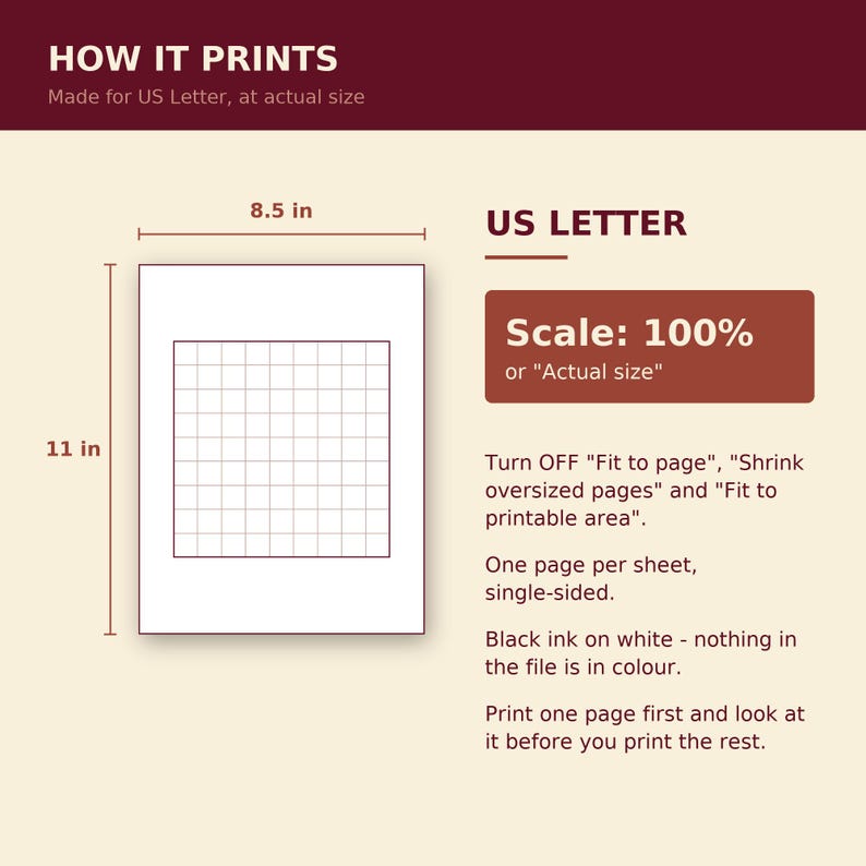 Peut inclure: Un graphique d'instructions intitul&eacute; HOW IT PRINTS montrant une page US Letter mesurant 8,5 in par 11 in avec une grille. Il indique Scale: 100% ou Actual size, demande de d&eacute;sactiver les param&egrave;tres d'ajustement et note l'encre noire.