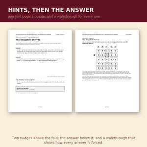 May include: Two white pages from The Armchair Detective Christmas Case, The Brinlocote Window. The left page provides hints for puzzle 5, The Despatch Shelves, with two numbered nudges and an answer section. The right page shows the solution.