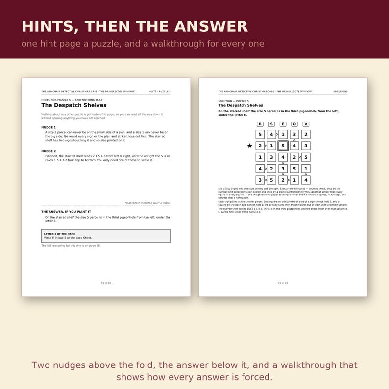 May include: Two white pages from The Armchair Detective Christmas Case, The Brinlocote Window. The left page provides hints for puzzle 5, The Despatch Shelves, with two numbered nudges and an answer section. The right page shows the solution.