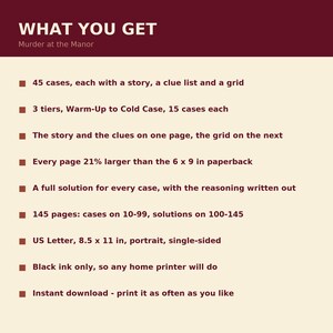 May include: A digital document titled WHAT YOU GET Murder at the Manor, listing 45 cases across 3 tiers, 145 pages, US Letter 21.59 x 27.94 cm format, single-sided, black ink, with stories, clue lists, grids, and full solutions for every case included.