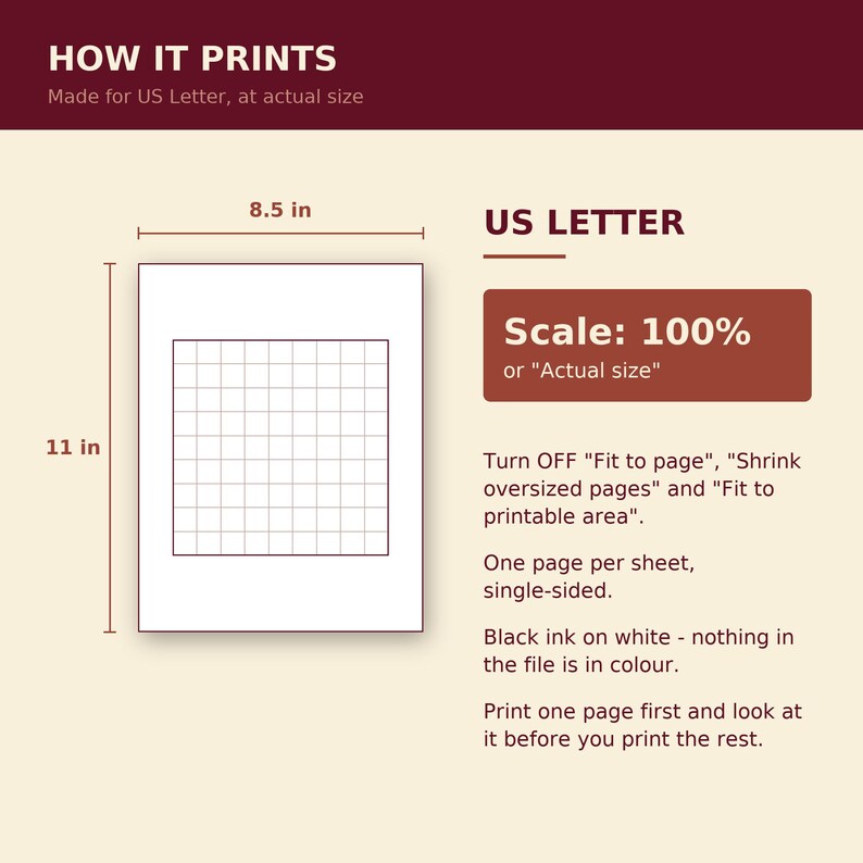 May include: An instructional graphic titled HOW IT PRINTS showing a US Letter page measuring 8.5 in by 11 in with a grid. It specifies Scale: 100% or Actual size, instructs to turn off fit to page settings, and notes black ink on white paper.
