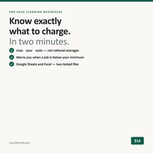 K&ouml;nnte beinhalten: Ein digitales Dokument f&uuml;r Solo-Reinigungsunternehmen mit dem Text: FOR SOLO CLEANING BUSINESSES, Know exactly what to charge. In two minutes. Uses your costs - not national averages, Warns you when a job is below your minimum, Google Sheets and Excel - two tested files, GoodWorkBooks.