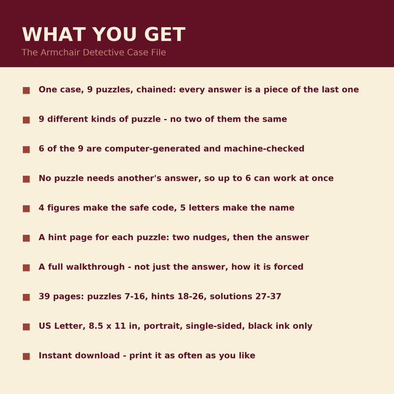 Peut inclure: Un document informatif marron et cr&egrave;me intitul&eacute; WHAT YOU GET The Armchair Detective Case File. Il pr&eacute;sente dix points d&eacute;taillant un ensemble de 39 pages de puzzles, incluant 9 &eacute;nigmes encha&icirc;n&eacute;es, des indices, une solution et un format 21,59 x 27,94 cm.
