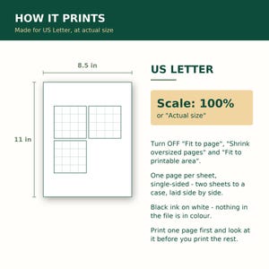 Puede incluir: Un gr&aacute;fico instructivo titulado HOW IT PRINTS para papel US Letter que mide 8.5 pulgadas por 11 pulgadas. Muestra un diagrama de tres cuadrados de cuadr&iacute;cula en una p&aacute;gina, con instrucciones para ajustar la escala al 100% o Actual size.