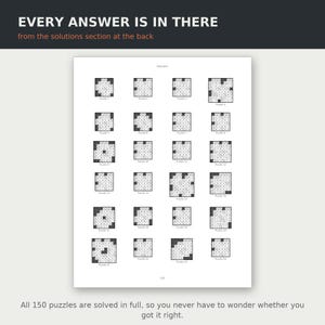 Puede incluir: Una p&aacute;gina de un libro de acertijos titulada Solutions, que muestra una cuadr&iacute;cula de veinticuatro acertijos num&eacute;ricos completados. El texto en la parte superior dice EVERY ANSWER IS IN THERE from the solutions section at the back, y el 120 en la parte inferior.