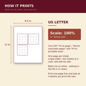 May include: A digital instructional graphic titled HOW IT PRINTS for US Letter paper measuring 8.5 in by 11 in. It displays a white page with three grid squares, text instructions for printing at 100% scale, and notes on printer settings.