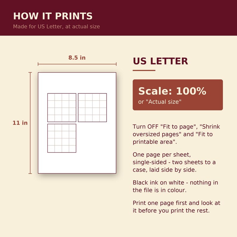 May include: A digital instructional graphic titled HOW IT PRINTS for US Letter paper measuring 8.5 in by 11 in. It displays a white page with three grid squares, text instructions for printing at 100% scale, and notes on printer settings.