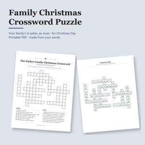 K&ouml;nnte beinhalten: Ein druckbares Familien-Weihnachtskreuzwortr&auml;tsel bestehend aus zwei wei&szlig;en Bl&auml;ttern mit schwarzem Text. Ein Blatt zeigt das R&auml;tselgitter und Hinweise mit dem Titel The Parker Family Christmas Crossword, das andere den L&ouml;sungsschl&uuml;ssel.