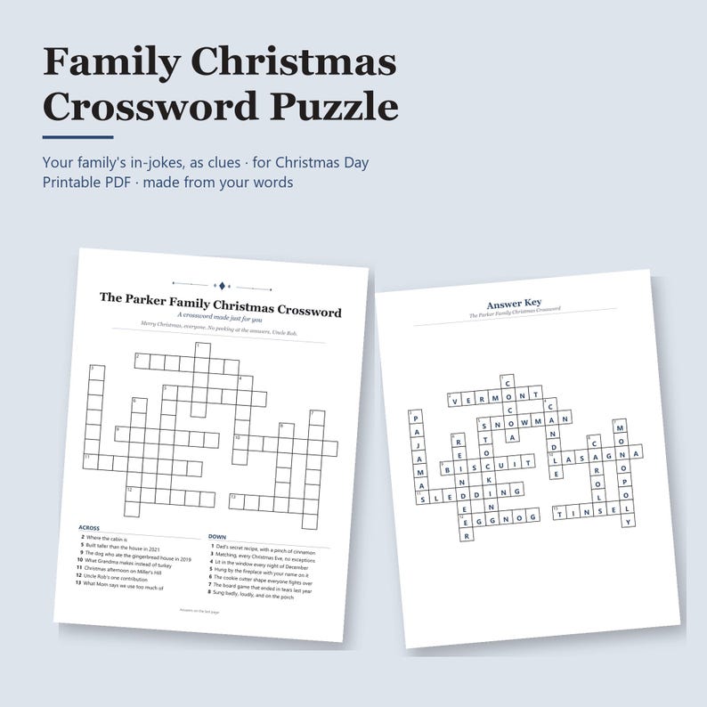K&ouml;nnte beinhalten: Ein druckbares Familien-Weihnachtskreuzwortr&auml;tsel bestehend aus zwei wei&szlig;en Bl&auml;ttern mit schwarzem Text. Ein Blatt zeigt das R&auml;tselgitter und Hinweise mit dem Titel The Parker Family Christmas Crossword, das andere den L&ouml;sungsschl&uuml;ssel.